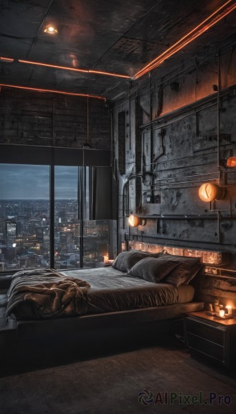 sky,cloud,indoors,pillow,no humans,window,bed,night,bed sheet,on bed,table,building,scenery,rain,lantern,city,blanket,light,lamp,candle,cityscape,bedroom,city lights,chandelier,1girl,solo,lying,night sky,under covers,ceiling light