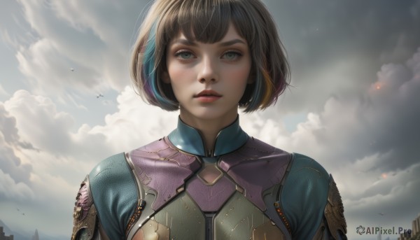 1girl,solo,short hair,bangs,simple background,brown hair,black hair,green eyes,upper body,multicolored hair,outdoors,parted lips,sky,artist name,cloud,armor,two-tone hair,lips,bodysuit,makeup,bob cut,cloudy sky,looking up,portrait,scenery,freckles,science fiction,realistic,nose,looking at viewer,day,bird,thick eyebrows