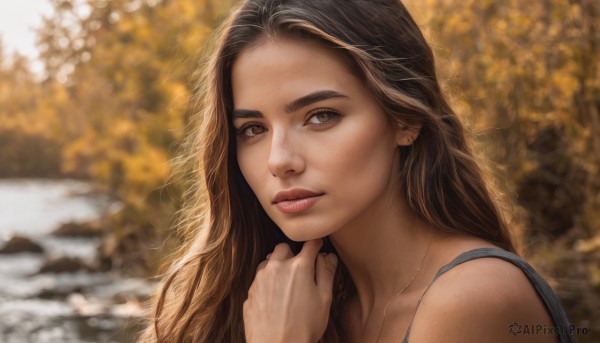 1girl,solo,long hair,looking at viewer,brown hair,bare shoulders,brown eyes,jewelry,closed mouth,upper body,outdoors,hand up,necklace,blurry,lips,depth of field,blurry background,tank top,portrait,freckles,realistic,nose,parted lips,day,thick eyebrows,hand on own shoulder