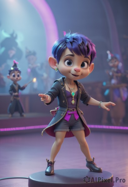 1girl,looking at viewer,smile,short hair,open mouth,multiple girls,shirt,black hair,1boy,animal ears,jewelry,blue hair,standing,jacket,full body,purple hair,multicolored hair,earrings,multiple boys,open clothes,shoes,shorts,teeth,solo focus,pointy ears,belt,artist name,necklace,black footwear,blurry,black eyes,bracelet,two-tone hair,open jacket,black jacket,short shorts,blurry background,upper teeth only,black shorts,furry,zipper,personification,furry female,stage,humanization,buck teeth,bangs,blue eyes,long sleeves,hat,holding,collarbone,boots,nail polish,high heels,flat chest,coat,depth of field,watermark,happy,pointing,gem,web address,blue headwear,open coat,crystal,tomboy,mohawk,pointy footwear