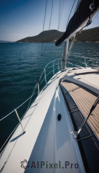 outdoors,sky,day,cloud,water,blue sky,no humans,ocean,scenery,mountain,horizon,watercraft,power lines,ship,boat,railing,pier,dock