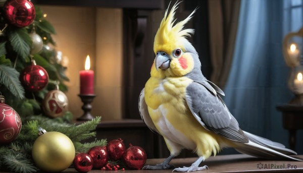 HQ,solo,red eyes,standing,full body,food,indoors,blurry,pokemon (creature),no humans,window,fruit,depth of field,blurry background,bird,animal,table,feathers,curtains,christmas,realistic,candle,animal focus,christmas tree,christmas ornaments,talons,looking at viewer,brown eyes,fire,flame,beak,candlestand