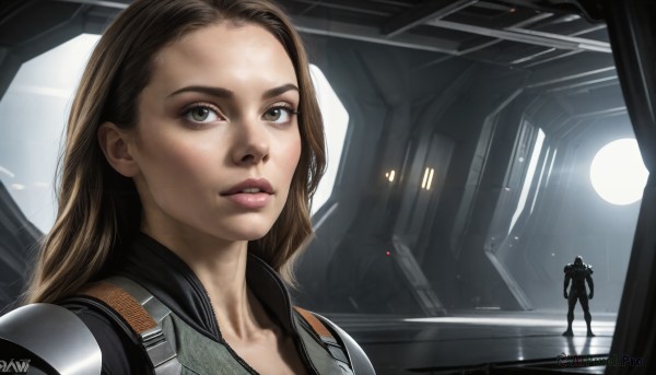 HQ,1girl,long hair,looking at viewer,brown hair,1boy,brown eyes,parted lips,solo focus,signature,armor,lips,bodysuit,reflection,science fiction,realistic,nose,pilot suit,spacecraft,spacesuit,moon,helmet