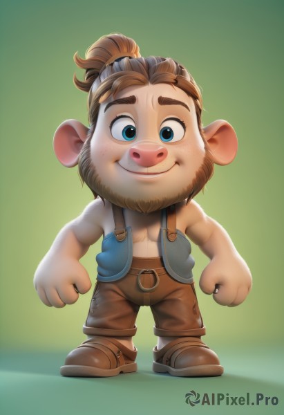 solo,looking at viewer,smile,bangs,blue eyes,simple background,brown hair,shirt,1boy,animal ears,closed mouth,standing,full body,ponytail,male focus,boots,open clothes,shoes,sleeveless,belt,pants,artist name,vest,gradient,gradient background,facial hair,brown footwear,thick eyebrows,suspenders,beard,furry,clenched hands,freckles,green background,mouse ears,arms at sides,brown belt,overalls,furry male,blue vest,brown pants,straight-on,brown shorts,open vest,hair ornament,jacket,blurry,blurry background,watermark,topless male,buck teeth