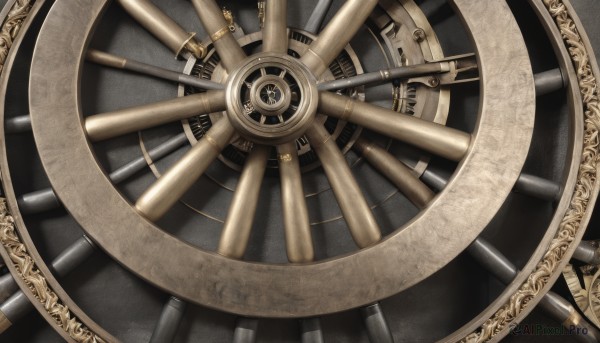 no humans,close-up,clock,gears,still life,roman numeral,weapon,from above,black background