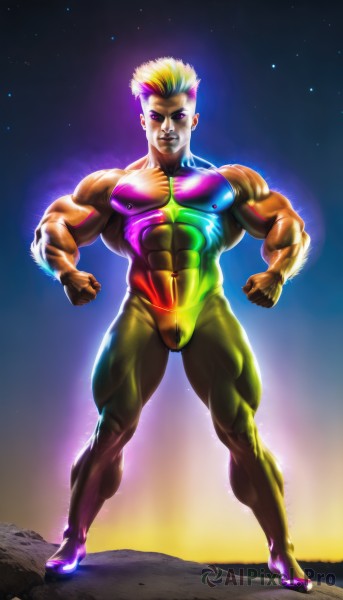 solo,blonde hair,1boy,standing,purple eyes,full body,male focus,multicolored hair,dark skin,bodysuit,muscular,glowing,colored skin,abs,star (sky),clenched hands,personification,starry sky,space,aura,biceps,mohawk,rainbow hair,looking at viewer,smile,sky,artist name,watermark,muscular male,manly,colorful