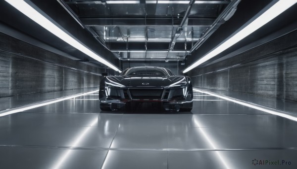 indoors,no humans,window,ground vehicle,scenery,motor vehicle,reflection,tiles,car,light,vehicle focus,ceiling,ceiling light,sports car,seat,shadow,science fiction,tile floor,reflective floor