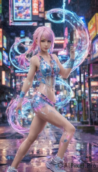 1girl,solo,long hair,breasts,looking at viewer,blue eyes,navel,bare shoulders,jewelry,medium breasts,pink hair,shoes,shorts,midriff,belt,water,blurry,lips,crop top,wet,legs,short shorts,blurry background,piercing,wristband,sneakers,rain,city,realistic,navel piercing,smile,bangs,full body,outdoors,artist name,pink eyes,bracelet,see-through,bare legs,night,swept bangs,watermark,building,web address,walking,blue shorts,road,street,skyscraper,cyberpunk,neon lights,crosswalk