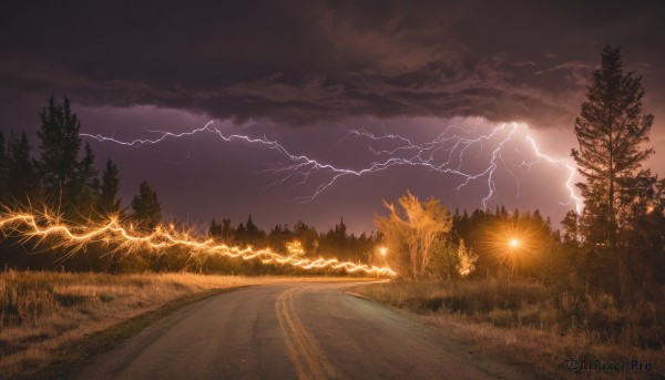 outdoors,sky,cloud,tree,no humans,night,cloudy sky,grass,nature,scenery,forest,sunset,electricity,road,lightning,landscape,path