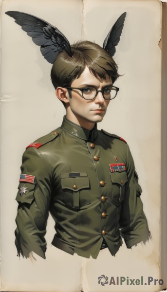 solo,looking at viewer,short hair,simple background,brown hair,long sleeves,1boy,brown eyes,closed mouth,jacket,upper body,male focus,wings,glasses,uniform,military,military uniform,buttons,head wings,black-framed eyewear,pocket,green jacket,cropped torso,realistic,breast pocket,military jacket,medal,black hair,lips,serious