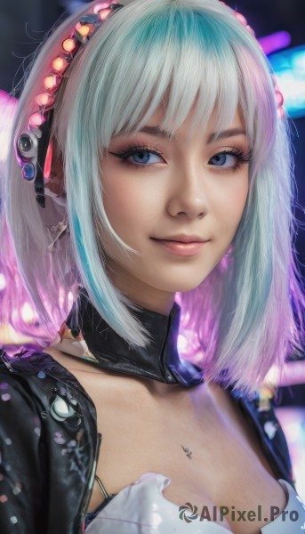 1girl,solo,breasts,looking at viewer,smile,short hair,bangs,blue eyes,cleavage,jewelry,medium breasts,closed mouth,blue hair,jacket,upper body,pink hair,white hair,multicolored hair,hairband,earrings,choker,medium hair,necklace,blurry,two-tone hair,open jacket,lips,black jacket,eyelashes,aqua hair,makeup,detached collar,piercing,portrait,eyeshadow,realistic,nose,mascara,collarbone,streaked hair,blurry background,headphones,science fiction,cyberpunk