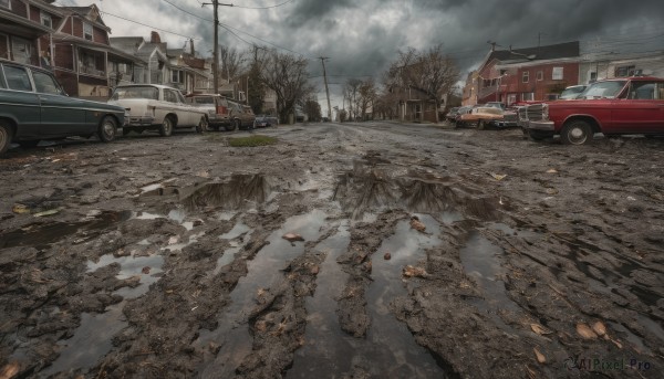 outdoors,sky,day,cloud,tree,no humans,window,cloudy sky,ground vehicle,building,scenery,motor vehicle,smoke,fence,car,road,ruins,house,vehicle focus,power lines,lamppost,bare tree,street,utility pole,debris,grey sky,truck,broken window,fire,realistic,puddle