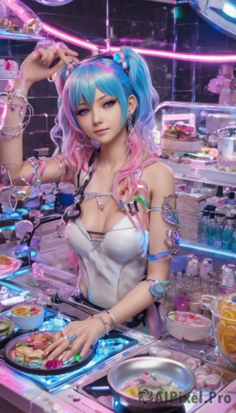 1girl,solo,long hair,breasts,looking at viewer,smile,bangs,blue eyes,large breasts,hair ornament,cleavage,bare shoulders,twintails,jewelry,medium breasts,closed mouth,blue hair,collarbone,upper body,pink hair,multicolored hair,earrings,food,sleeveless,indoors,hand up,signature,necklace,nail polish,arm up,bracelet,two-tone hair,cup,lips,fingernails,eyelashes,gradient hair,makeup,fruit,wavy hair,piercing,ring,bottle,pink nails,armlet,plate,drinking glass,zipper,long fingernails,bowl,pink lips,realistic,spoon,nose,tiles,glass,bangle,cherry,tile wall,orange (fruit),kitchen,jar,mascara,lemon,counter,lemon slice,orange slice,cutting board,hair between eyes,parted lips,apron,cake,cooking,shop,spatula