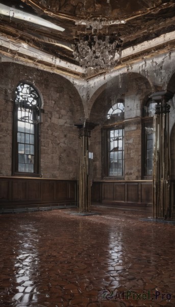 day,indoors,water,no humans,window,sunlight,scenery,reflection,stairs,door,architecture,pillar,church,arch,reflective floor,chandelier,building,rain,fantasy,wall,puddle,hallway,pavement,stone floor