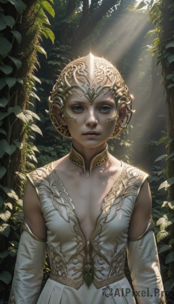 1girl,solo,breasts,looking at viewer,short hair,dress,cleavage,jewelry,closed mouth,upper body,small breasts,outdoors,detached sleeves,white dress,tree,lips,grey eyes,leaf,sunlight,helmet,plant,nature,forest,light rays,realistic,headpiece,nose,sunbeam,dappled sunlight,blonde hair,black eyes