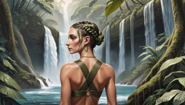 1girl,solo,short hair,brown hair,bare shoulders,brown eyes,jewelry,swimsuit,upper body,braid,bikini,multicolored hair,earrings,outdoors,green hair,looking back,water,from behind,tree,lips,profile,leaf,back,plant,nature,o-ring,forest,hoop earrings,realistic,nose,waterfall,hair ornament,green eyes,necklace,dreadlocks