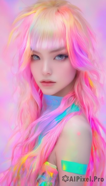 1girl,solo,long hair,looking at viewer,bangs,blue eyes,bare shoulders,closed mouth,upper body,pink hair,multicolored hair,sleeveless,artist name,blunt bangs,lips,grey eyes,eyelashes,tattoo,makeup,watermark,wavy hair,web address,pink lips,realistic,nose,eyeliner,colorful,rainbow hair,blonde hair,gradient hair,pink background