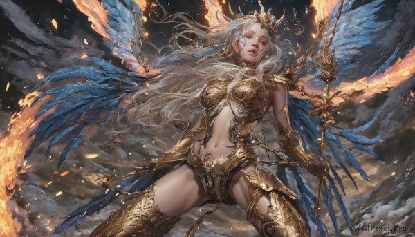 1girl,solo,long hair,breasts,looking at viewer,blue eyes,thighhighs,gloves,navel,holding,jewelry,medium breasts,standing,weapon,white hair,grey hair,earrings,boots,outdoors,parted lips,wings,sky,teeth,midriff,artist name,cloud,signature,armor,lips,floating hair,thigh boots,ass visible through thighs,facial mark,cloudy sky,fire,crown,staff,shoulder armor,feathered wings,dual wielding,legs apart,gold trim,realistic,holding staff,red lips,bikini armor,blue wings,spread wings,closed eyes,feathers,polearm