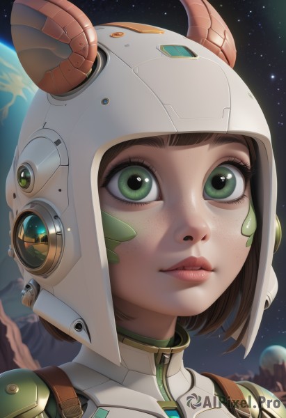 1girl,solo,short hair,brown hair,closed mouth,green eyes,horns,sky,lips,eyelashes,bodysuit,helmet,portrait,star (sky),freckles,science fiction,nose,space,planet,spacesuit,space helmet,looking at viewer,bangs,web address,close-up,zipper,realistic,astronaut