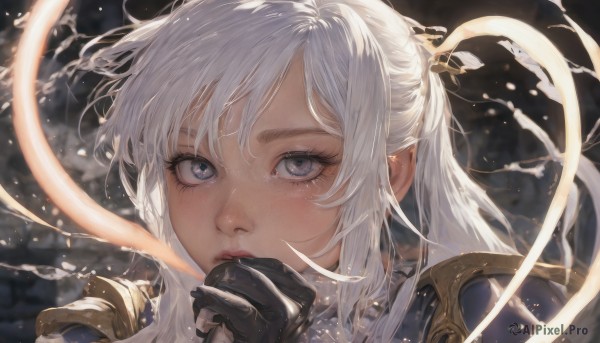 1girl,solo,long hair,looking at viewer,blush,bangs,blue eyes,hair ornament,gloves,white hair,black gloves,hand up,armor,blurry,lips,grey eyes,eyelashes,blurry background,halo,own hands together,shoulder armor,portrait,close-up,half updo,pauldrons,nose,covering mouth,closed mouth,depth of field,freckles,realistic