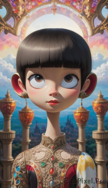 1girl,solo,looking at viewer,blush,short hair,bangs,brown hair,black hair,dress,brown eyes,jewelry,closed mouth,upper body,earrings,outdoors,parted lips,sky,day,cloud,blunt bangs,blurry,blue sky,lips,eyelashes,makeup,blurry background,cloudy sky,looking up,lipstick,gem,portrait,red lips,ocean,sunlight