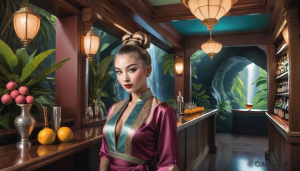 1girl,solo,breasts,looking at viewer,smile,brown hair,black hair,cleavage,brown eyes,medium breasts,upper body,earrings,food,indoors,water,hair bun,black eyes,tree,lips,sash,makeup,fruit,single hair bun,bottle,plant,lipstick,lantern,realistic,red lips,lamp,shelf,jar,updo,counter,closed mouth,japanese clothes,kimono,cup,scenery,reflection,potted plant,vase,orange (fruit),waterfall