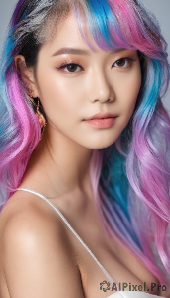 1girl,solo,long hair,breasts,looking at viewer,bangs,simple background,black hair,hair ornament,cleavage,bare shoulders,brown eyes,jewelry,medium breasts,closed mouth,underwear,blue hair,upper body,pink hair,multicolored hair,earrings,bra,two-tone hair,lips,eyelashes,makeup,feathers,eyeshadow,white bra,realistic,nose,large breasts,grey background