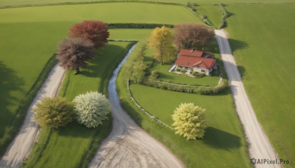 flower,outdoors,day,tree,no humans,shadow,from above,grass,plant,building,nature,scenery,road,bush,house,path,forest,fence,field,landscape