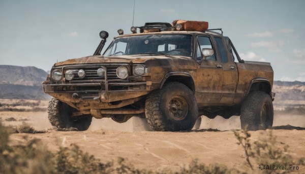 outdoors,sky,day,cloud,blurry,blue sky,military,no humans,ground vehicle,scenery,motor vehicle,mountain,military vehicle,car,vehicle focus,mountainous horizon,dust,wheel,truck,realistic,desert,driving,radio antenna,tire