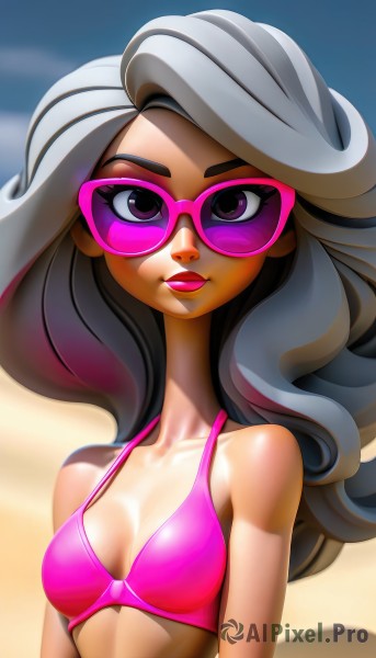 1girl,solo,long hair,breasts,looking at viewer,cleavage,bare shoulders,purple eyes,collarbone,swimsuit,upper body,grey hair,bikini,small breasts,outdoors,parted lips,day,artist name,lips,makeup,watermark,wavy hair,beach,sunglasses,lipstick,tan,pink bikini,tinted eyewear,pink-tinted eyewear,purple-tinted eyewear,multicolored hair,glasses