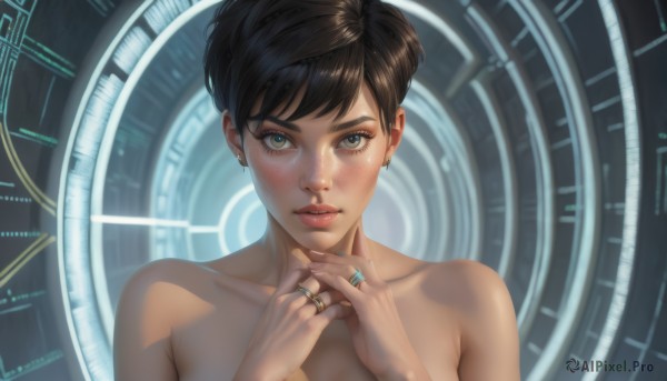 1girl,solo,looking at viewer,blush,short hair,bangs,blue eyes,brown hair,black hair,bare shoulders,brown eyes,jewelry,closed mouth,collarbone,upper body,nude,earrings,lips,ring,freckles,realistic,nose,green eyes,nail polish,fingernails,hands up,completely nude,eyelashes,makeup,swept bangs,piercing,portrait,science fiction,pink lips