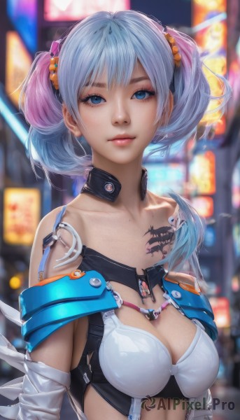 1girl,solo,breasts,looking at viewer,short hair,bangs,blue eyes,hair ornament,cleavage,bare shoulders,twintails,medium breasts,closed mouth,blue hair,collarbone,upper body,pink hair,multicolored hair,off shoulder,mole,blurry,two-tone hair,lips,tattoo,gradient hair,makeup,blurry background,science fiction,realistic,nose,android,cyborg,cyberpunk,outdoors,artist name,bra,eyelashes,depth of field,scrunchie,short twintails,hair scrunchie,freckles,pink lips