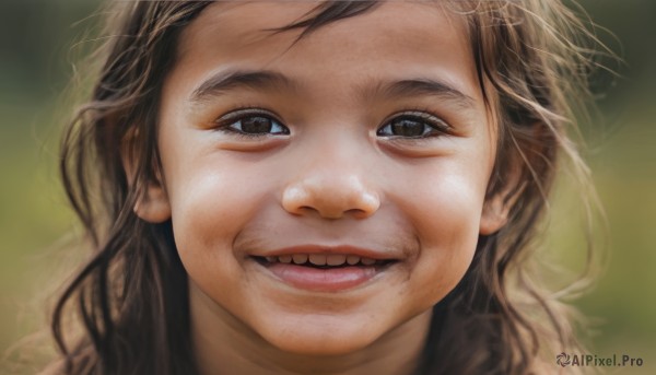 1girl,solo,long hair,looking at viewer,smile,open mouth,brown hair,brown eyes,:d,teeth,blurry,black eyes,lips,depth of field,blurry background,portrait,close-up,realistic,blonde hair,male focus,signature,grin,eyelashes,parody,nose