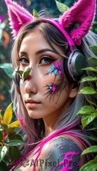 1girl,solo,long hair,looking at viewer,brown hair,animal ears,brown eyes,closed mouth,upper body,grey hair,multicolored hair,hairband,artist name,cat ears,mole,blurry,from side,lips,eyelashes,tattoo,makeup,blurry background,fake animal ears,headphones,leaf,facial mark,plant,lipstick,portrait,eyeshadow,pink lips,realistic,nose,facepaint,mascara,animal ear headphones,cat ear headphones,breasts,black hair,bra,rabbit ears,depth of field,bug,butterfly,eyeliner