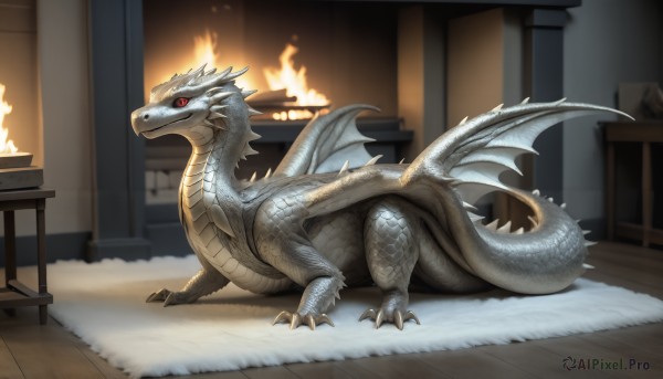 A inspiring view of a dragon in fiery wooden floor