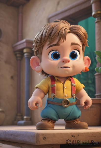 solo,looking at viewer,smile,short hair,open mouth,blue eyes,brown hair,shirt,1boy,jewelry,standing,full body,short sleeves,male focus,earrings,boots,outdoors,parted lips,teeth,collared shirt,belt,pants,indoors,blurry,blurry background,brown footwear,suspenders,child,freckles,yellow shirt,potted plant,overalls,male child,shoes,chibi,thick eyebrows,aged down,plant,pillar,flower pot