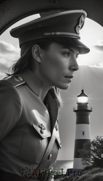 1girl,solo,long hair,breasts,hat,closed mouth,monochrome,upper body,greyscale,outdoors,sky,belt,cloud,signature,uniform,from side,tree,lips,military,military uniform,peaked cap,military hat,realistic,nose,sun,military jacket,medal,world war ii,lighthouse,jacket,profile,watercraft