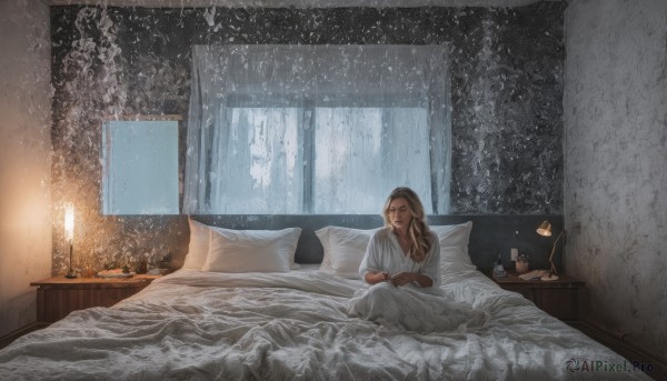 1girl,solo,long hair,blonde hair,brown hair,sitting,indoors,cup,pillow,book,window,bed,bed sheet,on bed,fire,curtains,scenery,snow,snowing,realistic,blanket,lamp,candle,bedroom,winter,shirt,white shirt,dark skin,dark-skinned female,phone,rain