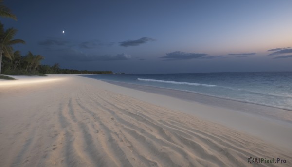 outdoors,sky,day,cloud,water,tree,blue sky,no humans,night,ocean,beach,moon,star (sky),night sky,scenery,sunset,sand,palm tree,horizon,shore,desert,nature,forest,sun,crescent moon,waves