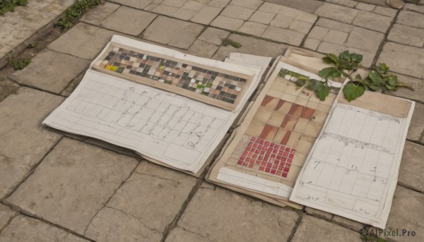 outdoors,no humans,from above,grass,plant,building,scenery,sign,road,wall,brick wall,calendar (object),pavement,brick,leaf,paper,tiles,tile floor,still life,stone floor,brick floor