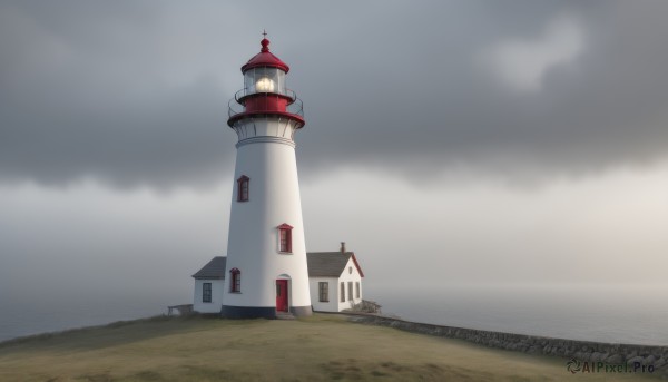 outdoors,sky,day,cloud,water,no humans,window,ocean,cloudy sky,grass,building,scenery,horizon,clock,tower,fog,grey sky,scarlet devil mansion,clock tower,overcast,field,landscape,lighthouse