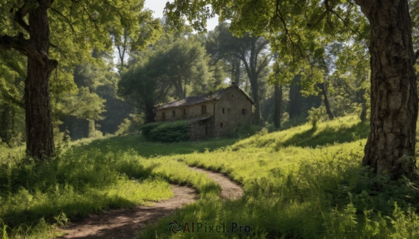 outdoors,sky,day,tree,no humans,sunlight,grass,building,nature,scenery,forest,road,bush,house,path,plant,green theme