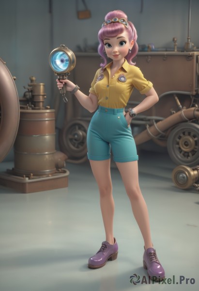 1girl,solo,breasts,looking at viewer,smile,bangs,blue eyes,shirt,holding,jewelry,medium breasts,closed mouth,standing,full body,ponytail,pink hair,short sleeves,small breasts,shoes,shorts,collared shirt,artist name,indoors,blurry,bracelet,lips,hand on hip,short shorts,bare legs,buttons,blurry background,tiara,high ponytail,goggles,blue shorts,pocket,goggles on head,watch,yellow shirt,shirt tucked in,wristwatch,purple footwear,no socks,wrench,high-waist shorts,tire,hair ornament,hairband,earrings,hair bun,black eyes,high heels,makeup,watermark,single hair bun,denim,lipstick,ground vehicle,web address,motor vehicle,hand in pocket,badge,wheel