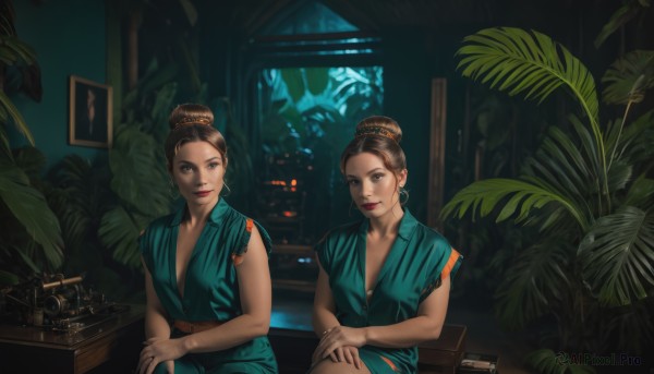 breasts,looking at viewer,smile,multiple girls,brown hair,black hair,hair ornament,dress,2girls,cleavage,brown eyes,jewelry,sitting,closed mouth,earrings,sleeveless,indoors,hair bun,lips,window,makeup,siblings,single hair bun,plant,lipstick,sisters,twins,hoop earrings,red lips,updo,short sleeves,mole,science fiction,realistic,mother and daughter