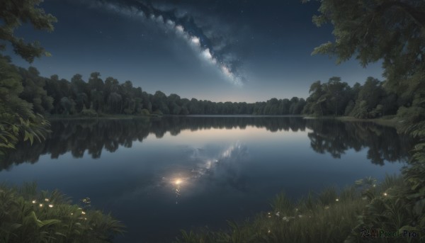 flower,outdoors,sky,cloud,water,tree,no humans,night,grass,plant,star (sky),nature,night sky,scenery,forest,starry sky,reflection,river,lake,fireflies,reflective water,glowing