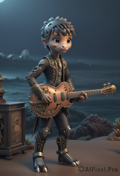 solo,smile,short hair,blue eyes,brown hair,black hair,1boy,holding,standing,full body,male focus,outdoors,sky,blurry,vest,night,blurry background,ocean,beach,moon,instrument,night sky,full moon,sand,music,guitar,male child,playing instrument,holding instrument,cactus,lute (instrument),boots,black eyes,leather