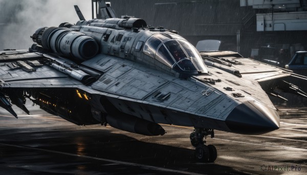 A unique view of a spacecraft in rainy outdoors