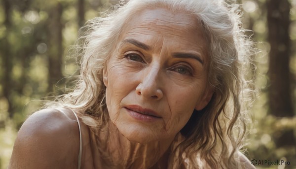 1girl,solo,long hair,looking at viewer,green eyes,white hair,outdoors,parted lips,blurry,lips,depth of field,blurry background,messy hair,portrait,nature,curly hair,realistic,nose,bokeh,1boy,bare shoulders,closed mouth,male focus,day,facial hair,sunlight,beard,old,wrinkled skin