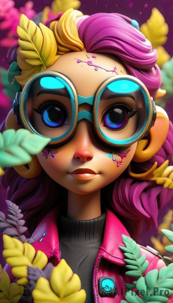 1girl,solo,long hair,looking at viewer,smile,blue eyes,blonde hair,hair ornament,closed mouth,jacket,upper body,pink hair,purple hair,flower,multicolored hair,open clothes,glasses,artist name,star (symbol),mole,blurry,two-tone hair,sweater,open jacket,lips,eyelashes,makeup,depth of field,turtleneck,leaf,watermark,facial mark,piercing,lipstick,goggles,portrait,eyeshadow,freckles,purple background,pink lips,yellow flower,nose,round eyewear,pink jacket,tinted eyewear,nose piercing,sunglasses,web address,zipper,curly hair