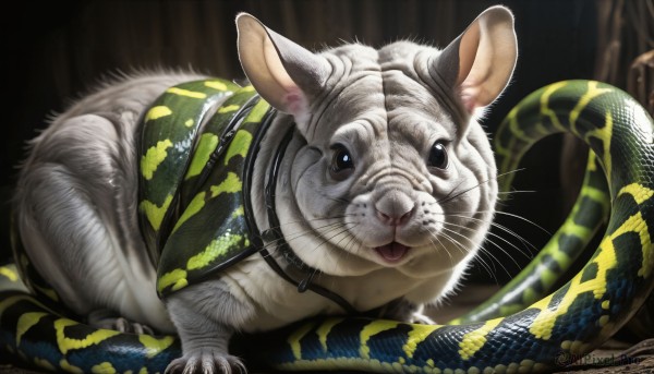 HQ,solo,looking at viewer,open mouth,blurry,black eyes,collar,no humans,blurry background,animal,cat,snake,realistic,scales,animal focus,mouse,whiskers,simple background,full body,signature,black background